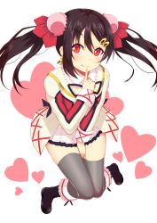 Rule 34 | 10s, 1girl, :q, black hair, bow, covering privates, covering crotch, double bun, finger to own chin, full body, hair bun, hair ornament, hairclip, heart, highres, love live!, love live! school idol project, ponkotsu (ayarosu), red eyes, skirt, smile, solo, sore wa bokutachi no kiseki, thighhighs, tongue, tongue out, transparent background, twintails, yazawa nico