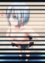 Rule 34 | 1girl, blue one-piece swimsuit, bob cut, breasts, censored nipples, clothes pull, convenient censoring, grey eyes, highres, konpaku youmu, looking away, looking to the side, medium breasts, nori tamago, old school swimsuit, one-piece swimsuit, one-piece swimsuit pull, school swimsuit, short hair, silver hair, solo, swimsuit, touhou, window blinds