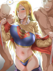 Rule 34 | 1girl, 2boys, backlighting, bald, blonde hair, blouse, blue shirt, breasts, clothed female nude male, clothes lift, curvy, dc comics, exhibitionism, green eyes, groin, highres, large breasts, long hair, mm (yoromu), multiple boys, navel, nude, public indecency, shirt, smile, supergirl, superman (series), sweat, teasing, undressing