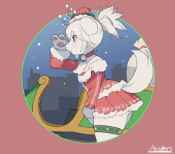 Rule 34 | 1girl, animal ears, body fur, choker, christmas, city, dog ears, dog tail, female focus, fur trim, furry, furry female, hat, highres, leaning forward, neck bell, original, pleated skirt, profile, red skirt, ryuusui arumo, signature, skirt, sleigh, snow, snowing, solo, tail, thigh strap, white fur, white hair