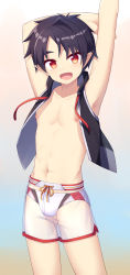 Rule 34 | 1boy, abs, armpits, arms up, black hair, black vest, commentary request, cowboy shot, drawstring, highres, liu xi ruki, male swimwear, nipples, open clothes, open vest, original, pointy ears, red eyes, see-through, see-through male swimwear, see-through swimsuit, short hair, shorts, smile, solo, standing, swim briefs, swim trunks, swimsuit, swimsuit under swimsuit, vest, white male swimwear, white swim briefs