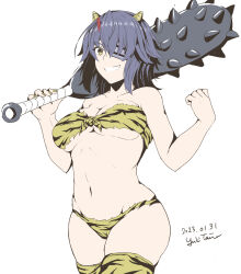 Rule 34 | 1girl, animal print, artist name, bikini, breasts, club, club (weapon), collarbone, commentary request, cowboy shot, dated, eyepatch, fake horns, grin, hands up, highres, holding, holding weapon, horns, kanabou, kantai collection, large breasts, nail polish, navel, oni horns, over shoulder, purple hair, revision, short hair, signature, simple background, skindentation, smile, solo, swimsuit, taira yuuki, tenryuu (kancolle), thighhighs, tiger print, twitter username, weapon, weapon over shoulder, yellow eyes