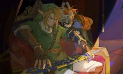 Rule 34 | 1boy, 1girl, arm guards, armchair, blue eyes, brown hair, chair, colored sclera, colored skin, fingerless gloves, gloves, green headwear, green tunic, hat, helmet, highres, leaning on person, lili51540640, link, master sword, midna, multicolored skin, nintendo, pointy ears, red eyes, scabbard, serious, shade, sheath, sitting, smile, strap, sword, the legend of zelda, the legend of zelda: twilight princess, two-tone skin, weapon, yellow sclera