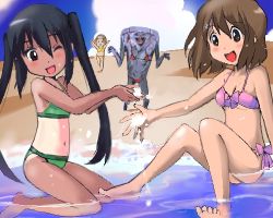 Rule 34 | 3girls, :d, arms up, barefoot, beach, bikini, black hair, blush, breasts, brown hair, cloud, day, happy, hirasawa yui, jamila, jamila (ultra series), k-on!, kneeling, long hair, lowres, micro bikini, monster, multiple girls, nakano azusa, navel, one-piece tan, open mouth, outdoors, outstretched arms, partially submerged, round teeth, running, sand, short hair, sitting, sky, small breasts, smile, splashing, swimsuit, t2, tainaka ritsu, tan, tanline, teeth, toes, twintails, ultra series, ultraman (1st series), underboob, water, wink