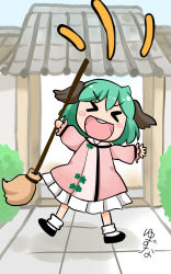 Rule 34 | &gt; &lt;, 1girl, :d, animal ears, blush stickers, broom, chibi, closed eyes, green hair, highres, holding, kasodani kyouko, open mouth, outstretched arms, pleated skirt, shoes, short hair, signature, sketch, skirt, smile, solo, spread arms, touhou, xd, yuzuna99