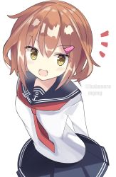 Rule 34 | 1girl, anchor symbol, arms behind back, black sailor collar, black skirt, brown hair, cowboy shot, fathom, hair ornament, hairclip, highres, ikazuchi (kancolle), kantai collection, neckerchief, pleated skirt, red neckerchief, sailor collar, school uniform, serafuku, short hair, simple background, skirt, smile, solo, twitter username, white background