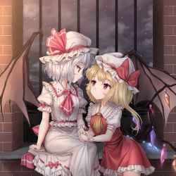 Rule 34 | 2girls, arm support, ascot, bat wings, blush, breasts, brick, center frills, cloud, commentary, crystal, dress, eye contact, feet out of frame, flandre scarlet, frilled shirt collar, frills, hat, hat ribbon, highres, holding hands, long hair, looking at another, miniskirt, minust, mob cap, multiple girls, night, night sky, one side up, outdoors, petticoat, profile, puffy short sleeves, puffy sleeves, red ascot, red eyes, red ribbon, red skirt, red vest, remilia scarlet, ribbon, short hair, short sleeves, siblings, silver hair, sisters, sitting, skirt, skirt set, sky, slit pupils, small breasts, smile, star (sky), starry sky, touhou, vest, white dress, white headwear, wings, wrist cuffs, yellow ascot