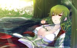 Rule 34 | 1girl, breasts, cleavage, collarbone, collared shirt, commentary request, crying, crying with eyes open, death, eyes visible through hair, flower, green hair, hair between eyes, highres, in water, itocoh, kazami yuuka, large breasts, leaf, long sleeves, no bra, open clothes, open mouth, open shirt, partially submerged, red eyes, red skirt, red vest, shirt, short hair, skirt, skirt set, solo, tears, touhou, tree, vest, water, wavy hair, white shirt