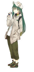 Rule 34 | 1girl, bad id, bad pixiv id, can, casual, contemporary, green eyes, green hair, hat, hatsune miku, headphones, headphones around neck, highres, jacket, long hair, matching hair/eyes, pun2, simple background, solo, tomboy, twintails, vocaloid