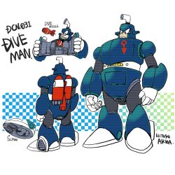 Rule 34 | &gt;:(, 1boy, android, aqua background, ariga hitoshi, armor, artist name, black bodysuit, blue armor, bodysuit, boots, character name, character sheet, checkered background, commentary request, concept art, dive man, dot nose, electric fan, english text, from behind, full body, gradient background, grin, hands on own chest, helmet, highres, knee boots, blue background, light green background, looking ahead, male focus, mega man (classic), mega man (series), mega man 4, mega man megamix, missile, multiple views, no humans, periscope, robot, scanlines, screw, shoe soles, simple background, smile, standing, tank (container), teeth, tsurime, turnaround, v-shaped eyebrows, wavy mouth, weapon, white background