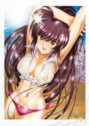 Rule 34 | 1girl, beach, bikini, blush, breasts, brown eyes, covered erect nipples, front-tie top, highres, large breasts, long hair, nipples, non-web source, open mouth, original, outdoors, purple hair, see-through, side-tie bikini bottom, smile, solo, swimsuit, urushihara satoshi, water