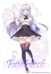 Rule 34 | 1girl, :d, apple caramel, black neckwear, black skirt, black thighhighs, breasts, buttoned cuffs, buttons, collared shirt, copyright notice, drawing tablet, finger heart, floral background, full body, grey eyes, grey nails, hair between eyes, hand up, highres, holding, holding behind back, holding drawing tablet, large breasts, nail polish, open mouth, original, petals, purple footwear, shirt, shoes, silver hair, skirt, smile, solo, standing, standing on one leg, teeth, thigh gap, thighhighs, upper teeth only, white background, white shirt