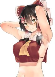 Rule 34 | &gt;:(, 1girl, anger vein, armpits, arms behind head, arms up, ascot, asuzemu, bad id, bad twitter id, bare arms, bare shoulders, black hair, blush, bow, breasts, breath, collarbone, commentary request, crop top, frilled bow, frills, hair between eyes, hair bow, hair tubes, hakurei reimu, large breasts, looking at viewer, midriff, navel, no bra, red bow, sidelocks, simple background, sleeveless, solo, stomach, sweat, touhou, upper body, v-shaped eyebrows, white background, yellow ascot, yellow eyes