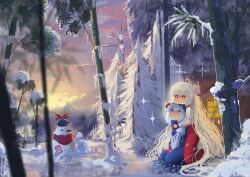 Rule 34 | 2girls, absurdres, bamboo, bamboo forest, blue eyes, blue hair, blue headwear, character snowman, forest, frozen lake, fujiwara no mokou, highres, kamishirasawa keine, long hair, mittens, multiple girls, nature, overalls, pants, red eyes, red mittens, red overalls, red pants, red scarf, scarf, shirt, snow, snowman, sweet reverie, touhou, very long hair, white hair, white shirt, winter
