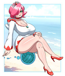 Rule 34 | 1girl, absurdres, ball, beach, blue border, blue gemstone, border, breasts, brooch, choker, cleavage, collarbone, crossed legs, dress, earrings, energy, eyelashes, final fantasy, fingernails, floating, gem, green eyes, hair over one eye, hand on own knee, high heels, highres, hood, hood down, hooded dress, impossible clothes, impossible dress, jewelry, large breasts, levitation, lips, long sleeves, looking at viewer, magic, mario (series), mario sports mix, nintendo, no socks, ocean, open hand, open mouth, outdoors, pink hair, red choker, red dress, red footwear, shiny skin, short dress, short hair, sitting, sitting on ball, smile, solo, taut clothes, taut dress, thighs, tiara, two-tone dress, volleyball (object), water, white border, white dress, white mage (final fantasy), yensh