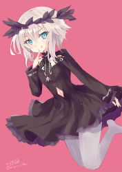 Rule 34 | 1girl, :p, absurdres, am isuel, artist name, black dress, blue eyes, clothing cutout, cloud, dress, finger to mouth, grey pantyhose, highres, hizaka, laurel crown, legs up, looking at viewer, navel, navel cutout, no shoes, pantyhose, pink background, rance (series), short hair, simple background, tongue, tongue out, twitter username, white hair