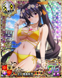 Rule 34 | 1girl, between breasts, bikini, black hair, blush, bracelet, breasts, card (medium), chess piece, cleavage, female focus, food, fruit, hair ornament, high school dxd, himejima akeno, holding, holding spoon, jewelry, large breasts, long hair, looking at viewer, navel, official art, ponytail, purple eyes, queen (chess), ribbon, seashell, shell, side-tie bikini bottom, smile, solo, spoon, standing, stomach, strawberry, swimsuit, underboob, yellow bikini, yellow ribbon
