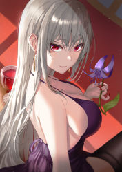 Rule 34 | 1girl, absurdres, bare back, black thighhighs, breasts, cleavage, commentary, cup, dress, drinking glass, earrings, flower, grey hair, highres, holding, holding flower, jewelry, korean commentary, large breasts, long hair, looking at viewer, looking to the side, nail polish, open mouth, original, parted lips, purple dress, raurashun, red eyes, red nails, sideboob, simple background, sitting, solo, thighhighs, wine glass