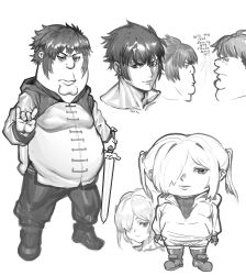 Rule 34 | 2boys, 2girls, absurdres, child, cleft chin, cosplay, double chin, english text, family guy, fat, fat man, full body, greyscale, highres, holding, holding sword, holding weapon, kowai (iamkowai), monochrome, multiple boys, multiple girls, multiple views, original, peter griffin, short hair, siblings, stewie griffin, sword, twintails, weapon