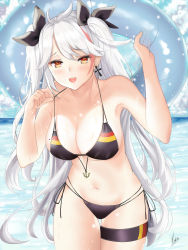 Rule 34 | 1girl, antenna hair, azur lane, bad id, bad pixiv id, bikini, black bikini, black ribbon, breasts, cleavage, commentary request, cross, cross earrings, earrings, flag print, german flag, german flag bikini, highres, innertube, jewelry, large breasts, long hair, looking at viewer, mole, mole on breast, multicolored hair, ocean, open mouth, piukute062, prinz eugen (azur lane), prinz eugen (unfading smile) (azur lane), ribbon, side-tie bikini bottom, silver hair, solo, streaked hair, swept bangs, swim ring, swimsuit, thigh strap, two side up