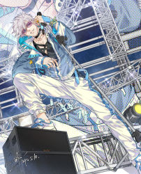 Rule 34 | 1boy, alternate costume, amplifier, black collar, black shirt, blue eyes, blue jacket, chain, collar, commentary request, dated, diffraction spikes, foot out of frame, foot up, glint, gojou satoru, halftone, highres, holding, holding microphone, hood, hood down, hooded jacket, jacket, jewelry, jujutsu kaisen, long sleeves, male focus, microphone, microphone stand, mixed-language commentary, necklace, open clothes, open jacket, pants, purple-tinted eyewear, puzzle piece, ring, sashiyu, screen, shirt, shoes, short hair, signature, sleeves past wrists, sneakers, solo, stage, stage lights, sunglasses, tinted eyewear, unzipped, white footwear, white hair, white pants