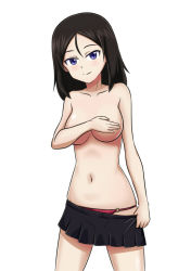Rule 34 | 10s, 1girl, black hair, blue eyes, blush, breasts, covering privates, covering breasts, girls und panzer, highres, long hair, looking at viewer, nomad (mjauharazhar), nonna (girls und panzer), panties, red panties, skirt, smile, solo, standing, topless, underwear, undressing