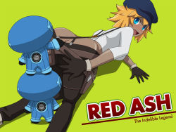 Rule 34 | 10s, 1girl, ass, ass focus, blonde hair, blue eyes, breasts, butt crack, cabbie hat, call (red ash), gloves, gofer (red ash), hat, open mouth, red ash, suspenders