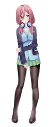 Rule 34 | 1girl, absurdres, black jacket, black pantyhose, blue cardigan, blue eyes, blush, breasts, brown hair, cardigan, closed mouth, collared shirt, dress shirt, full body, go-toubun no hanayome, gou lianlian dogface, green skirt, hair between eyes, headphones, headphones around neck, highres, jacket, loafers, long hair, long sleeves, looking at viewer, medium breasts, miniskirt, nakano miku, open clothes, open jacket, pantyhose, pleated skirt, school uniform, shirt, shoes, simple background, skirt, smile, solo, standing, white background, white shirt, wing collar