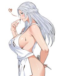 Rule 34 | 1girl, apron, arm behind back, bare shoulders, blue eyes, braid, breasts, chocolate, chocolate on body, chocolate on breasts, cleavage, covered erect nipples, cowboy shot, final fantasy, final fantasy xiv, food on body, forehead, french braid, from side, grey hair, heart, holding, holding spoon, jamjamstyle, large breasts, long hair, looking at viewer, naked apron, nose, profile, sideboob, sideways glance, simple background, solo, spoken heart, spoon, venat (ff14), white background