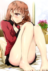 Rule 34 | 10s, 1girl, adjusting hair, artist name, barefoot, bed, black skirt, braid, breasts, brown eyes, brown hair, cleavage, closed mouth, convenient censoring, epaulettes, feet, flower, flower basket, full body, girls und panzer, hair down, hair over shoulder, hair undone, jacket, light smile, long hair, long sleeves, looking back, medium breasts, military, military uniform, miniskirt, open clothes, open jacket, pillow, pleated skirt, red jacket, rukuriri (girls und panzer), saz (sazin764), signature, single braid, sitting, skirt, solo, st. gloriana&#039;s military uniform, toes, uniform