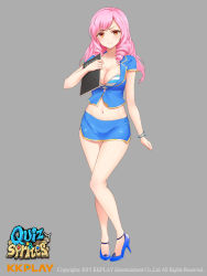 Rule 34 | 1girl, blue footwear, blush, bra, bracelet, breasts, brown eyes, cleavage, drill hair, female focus, full body, grey background, high heels, jewelry, large breasts, long hair, looking at viewer, midriff, miniskirt, navel, notebook, office lady, orange eyes, pink hair, quiz &amp; sprites, quiz and sprites, shoes, simple background, skirt, smile, solo, striped bra, striped clothes, twin drills, underwear, yi l chen 5