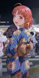 Rule 34 | 1girl, ahoge, birthday, blue kimono, braid, commentary, floral print, from behind, hand fan, holding, holding fan, japanese clothes, kimono, looking at viewer, love live!, love live! sunshine!!, orange hair, red eyes, shamakho, short hair, side braid, signature, smile, solo focus, takami chika, upper body, yukata