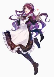 Rule 34 | 1girl, aoki shizumi, apron, black dress, black footwear, boots, dress, floral print dress, full body, gundou mirei, hand on own chest, heart, looking at viewer, maid, maid apron, maid headdress, nijisanji, outstretched arms, pantyhose, purple eyes, purple hair, solo, virtual youtuber, white apron