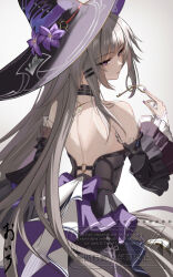 1girl adversarial_noise backless_dress backless_outfit bare_back bare_shoulders black_choker black_dress choker detached_sleeves dress flower frilled_sleeves frills from_behind grey_hair hair_ornament hairclip hat hat_flower herta_(honkai:_star_rail) the_herta_(honkai:_star_rail) highres honkai:_star_rail honkai_(series) key long_hair long_sleeves oiro_ik purple_eyes purple_flower solo witch_hat