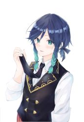 Rule 34 | 1boy, ajimonster, alternate costume, androgynous, black hair, blue hair, braid, closed mouth, collared shirt, genshin impact, gradient hair, green eyes, hair ribbon, highres, holding, holding jewelry, holding necklace, jewelry, long sleeves, looking at viewer, male focus, multicolored hair, necklace, necktie, ribbon, shirt, short hair with long locks, simple background, smile, solo, tongue, tongue out, twin braids, venti (genshin impact), vest, white background, white shirt