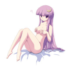 Rule 34 | 1girl, ?, barefoot, breasts, coo (coonekocoo), covering breasts, covering privates, crescent, crescent hair ornament, feet, female focus, hair ornament, long hair, nude, nude cover, patchouli knowledge, purple eyes, purple hair, solo, touhou