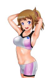 Rule 34 | 10s, 1girl, armpits, arms behind head, arms up, bike shorts, blue eyes, blush, breasts, brown hair, gundam, gundam build fighters, gundam build fighters try, hip focus, hoshino fumina, looking at viewer, midriff, navel, open mouth, ponytail, scrunchie, short hair, smile, solo, sports bra, two-tone sports bra, wakana hanabi, white background