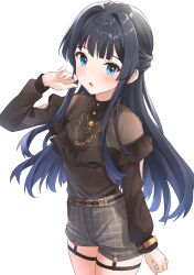 Rule 34 | 1girl, :o, absurdres, b1ack illust, black hair, black shirt, black shorts, blue eyes, blush, chain, chain necklace, hair intakes, highres, idolmaster, idolmaster million live!, jewelry, long hair, long sleeves, looking at viewer, mogami shizuka, necklace, shirt, shorts, simple background, solo, very long hair, white background