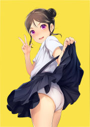 Rule 34 | 1girl, :d, ass, bare shoulders, black skirt, blush, brown hair, clothes lift, commentary request, double bun, flat ass, hair bun, lifting own clothes, looking at viewer, looking back, open mouth, original, panties, purple eyes, school uniform, shirt, short sleeves, simple background, skirt, skirt lift, smile, sody, solo, standing, suspender skirt, suspenders, underwear, v, white panties, white shirt, yellow background