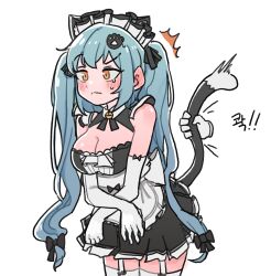 Rule 34 | 1girl, 1other, :&lt;, absurdres, animal ears, apron, black dress, blue hair, blush, breasts, cat ears, cat tail, dress, elbow gloves, fake animal ears, fake tail, gloves, goddess of victory: nikke, highres, hwasedo, large breasts, legwear garter, light blue hair, long hair, maid, maid headdress, neck bell, official alternate costume, paw hair ornament, privaty (nikke), privaty (unkind maid) (nikke), tail, tail grab, thighhighs, twintails, very long hair, white apron, white gloves, white thighhighs, yellow eyes