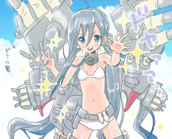 Rule 34 | 1girl, ahoge, armpit crease, bikini, blush, breasts, bullet, cannon, cloud, cosplay, cowboy shot, day, gluteal fold, grey eyes, grey hair, hair between eyes, hair bun, inflatable toy, kantai collection, kikumon, kiyoshimo (kancolle), kujira naoto, long hair, looking at viewer, low twintails, machinery, navel, open mouth, range finder, rigging, single hair bun, sky, small breasts, smile, solo, sparkle, standing, stomach, swimsuit, teeth, thighs, translation request, turret, twintails, v, very long hair, white bikini, yamato (kancolle), yamato (kancolle) (cosplay)