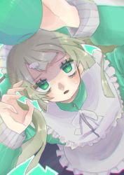 Rule 34 | 1girl, apple, apron, bags under eyes, copyright request, empty eyes, food, fruit, green eyes, grey hair, hair ornament, highres, jacket, long hair, looking up, maid apron, maid headdress, reincarnation (vocaloid), sweatdrop, track jacket, user psx3777, vocaloid