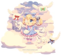 Rule 34 | 1girl, :d, ^^^, animal, artist name, bag, bell, bird wings, blonde hair, blue bow, blue eyes, blue footwear, borrowed character, bow, cat, chibi, cloud, commission, cutesu (cutesuu), dav-19, double bun, dress, envelope, eyepatch, frilled bow, frilled dress, frilled sleeves, frills, full body, hair bow, hair bun, heart, jingle bell, kneehighs, layered dress, letter, lolita fashion, long sleeves, looking away, medical eyepatch, open mouth, original, pink socks, sky, sleeves past wrists, smile, socks, solo, standing, striped, striped bow, transparent background, watermark, web address, white cat, white wings, wide sleeves, wings