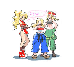 Rule 34 | 1boy, 2girls, abel (street fighter), abs, aged down, alex (street fighter), androgynous, bare shoulders, belt, blonde hair, blue eyes, blush, boots, breasts, capcom, clothes around waist, collarbone, concept art, converse, dougi, final fight, final fight 2, fingerless gloves, flat chest, gender request, genderswap, genryuusai maki, geta, gloves, hair bun, hair ornament, hair over one eye, heart, height difference, hip focus, knees, legs, long hair, low twintails, martial arts belt, matsuda (matsukichi), midnight bliss, midriff, multiple girls, navel, ninja, oekaki, pelvic curtain, ponytail, prototype design, sarashi, serious, shoes, small breasts, smile, sneakers, socks, sports bra, street fighter, street fighter iii, street fighter iv (series), suspenders, teeth, tonfa, translation request, trap, twintails, weapon