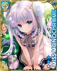 Rule 34 | 1girl, black bow, blue eyes, blue footwear, blunt bangs, bow, card, character name, checkered clothes, checkered dress, day, dress, expressionless, girlfriend (kari), kneeling, looking at viewer, miss monochrome, miss monochrome (character), official art, open mouth, outdoors, qp:flapper, rabbit, solo, tagme, twintails, white dress, white hair