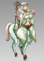 Rule 34 | 1girl, absurdres, animal ears, belt, bracelet, breasts, centaur, commentary request, detached sleeves, grey background, headband, highres, holding, holding weapon, hooves, horns, horse girl, horse tail, jewelry, large breasts, looking at viewer, medium hair, monster girl, navel, orange eyes, shirt, simple background, skirt, smile, solo, staff (weapon), stomach, tail, taur, udetamago, unicorn (monster girl encyclopedia), weapon, white hair