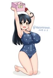 Rule 34 | 1girl, ahoge, arms up, barefoot, black hair, blue one-piece swimsuit, breasts, brown eyes, cannon, casual one-piece swimsuit, dated, full body, kantai collection, kneeling, large breasts, long hair, looking at viewer, masara (chuujou), one-piece swimsuit, polka dot, polka dot swimsuit, scrunchie, simple background, solo, swimsuit, turret, twitter username, ushio (kancolle), white background