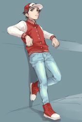 Rule 34 | 1boy, alternate costume, bad id, bad pixiv id, baseball cap, brown eyes, brown hair, buttons, closed mouth, commentary request, creatures (company), denim, game freak, hat, jacket, jeans, leaning back, leg up, long sleeves, male focus, nintendo, pants, pokemon, pokemon sm, pumpkinpan, red (pokemon), red hat, shoes, short hair, solo, standing