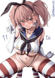 Rule 34 | 1girl, atlanta (kancolle), bare shoulders, black hairband, black neckerchief, black panties, blue eyes, blue sailor collar, blush, body writing, breasts, brown hair, collarbone, commentary request, cosplay, earrings, ebifurya, elbow gloves, gloves, hairband, heavy breathing, highleg, highleg panties, highres, index finger raised, jewelry, kantai collection, large breasts, looking to the side, neckerchief, no pants, nose blush, panties, red thighhighs, sailor collar, shimakaze (kancolle), shimakaze (kancolle) (cosplay), shirt, simple background, sleeveless, sleeveless shirt, solo, squatting, star (symbol), star earrings, striped clothes, striped thighhighs, tally, thighhighs, twitter username, two side up, underboob, underwear, v-shaped eyebrows, white background, white gloves