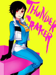 Rule 34 | 1girl, bad id, bad pixiv id, black hair, gender request, genderswap, gloves, nishiyama (whatsoy), personification, red eyes, short hair, simple background, solo, thundercracker, transformers, uniform